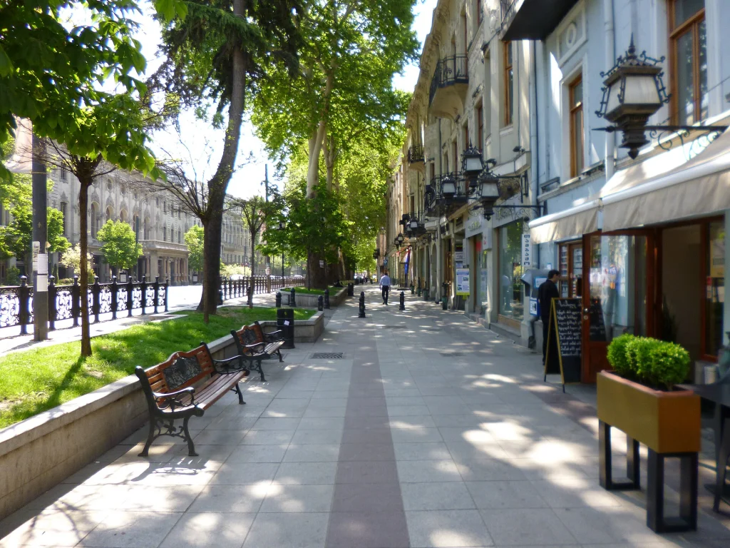 A leafy stretch of Rustaveli Avenue, Tbilisi's main boulevard for shops and strolling.