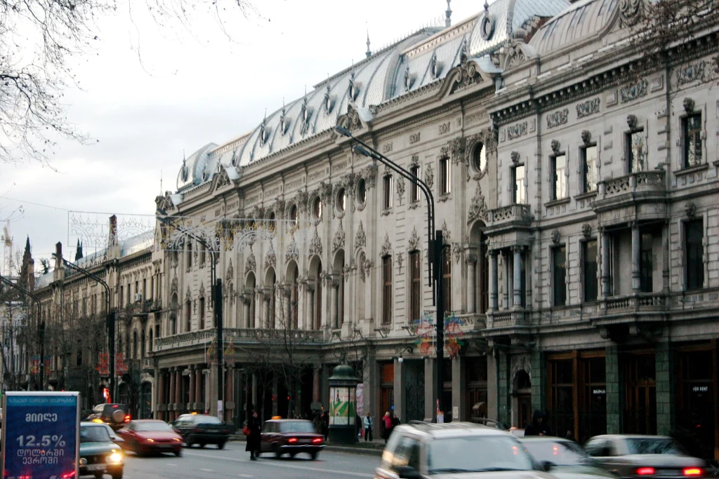 The ornate facade of the Rustaveli Theatre, one of Tbilisi's leading drama stages.