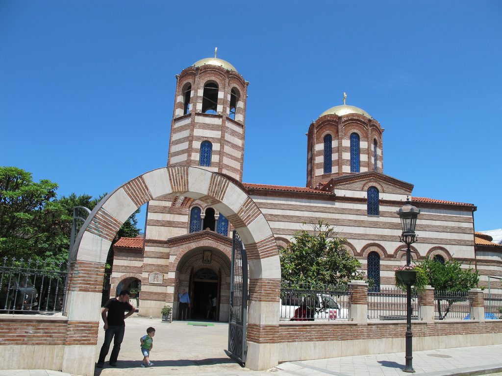 Saint Nicholas Church in Batumi, a striped-brick landmark honoured during Nikoloba.