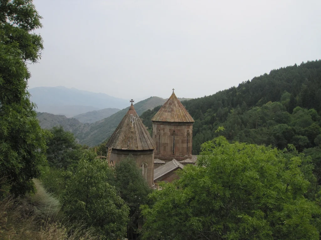 Sapara Monastery's distinctive towers rise above the surrounding forest in Akhaltsikhe.