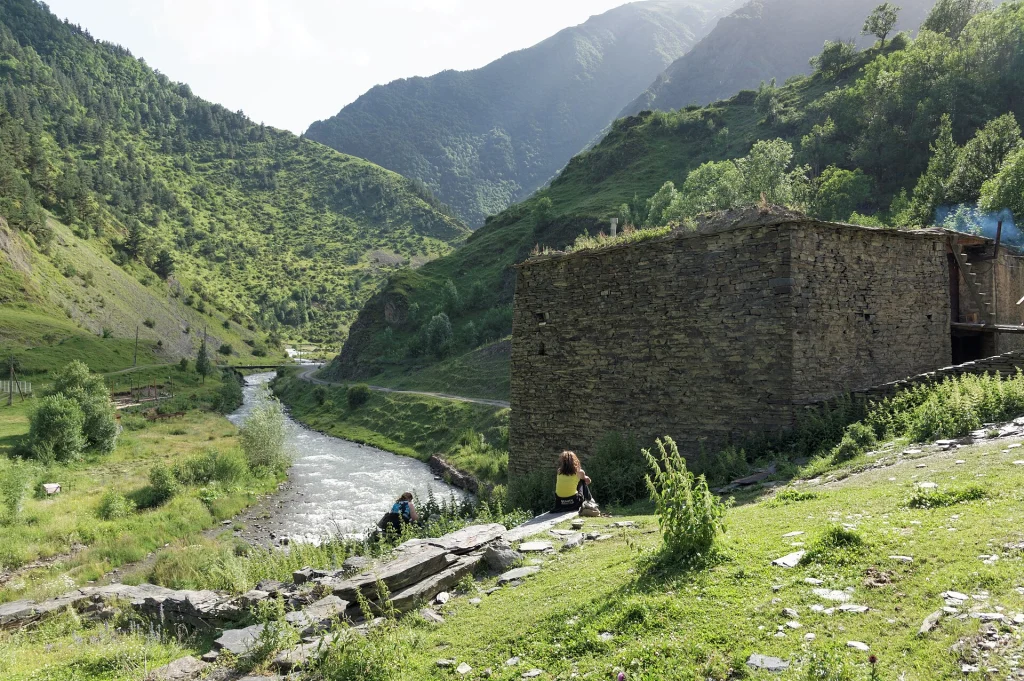 Stone dwellings and towers of the historic highland village of Shatili above the Argun river.
