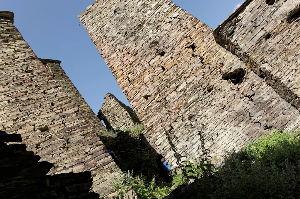 Ancient defensive stone towers typical of the Khevsureti highland architecture near Anatori.