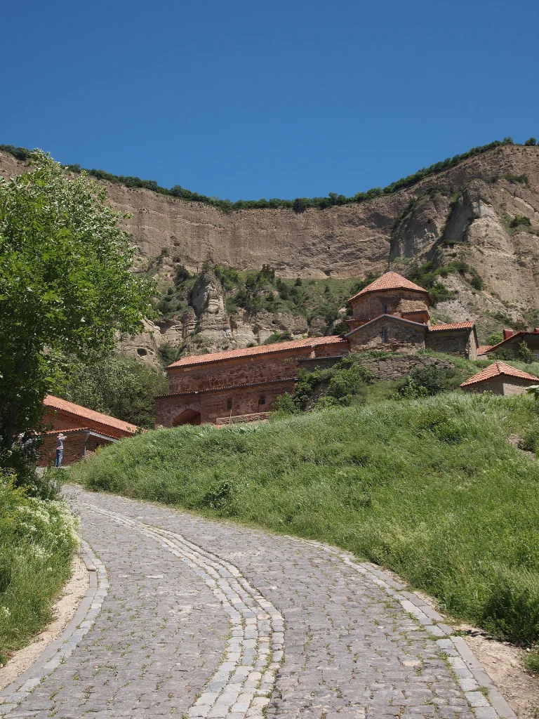 The cobblestone road leading up to Shio-Mgvime Monastery through the rocky gorge.