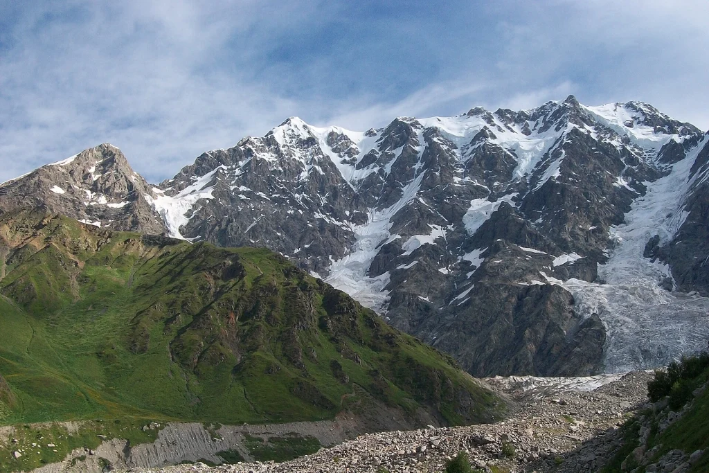 Shkhara's south face with glacier, as seen from the Georgian side.
