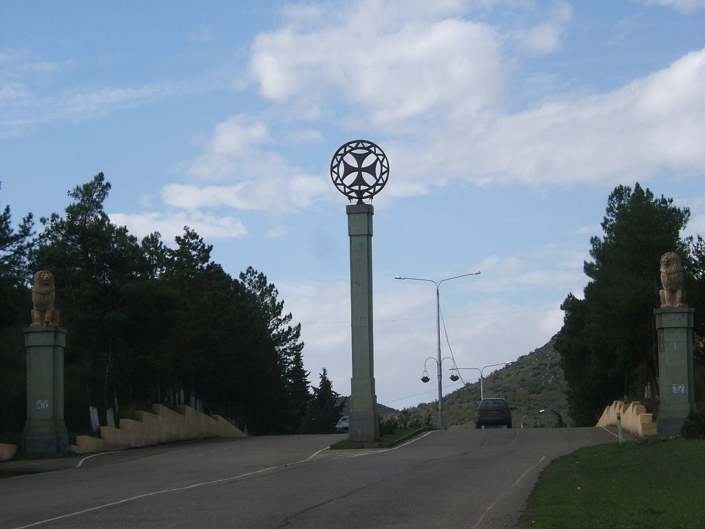 The entrance to Bolnisi marked by the iconic Bolnisi cross, symbol of the city festival.