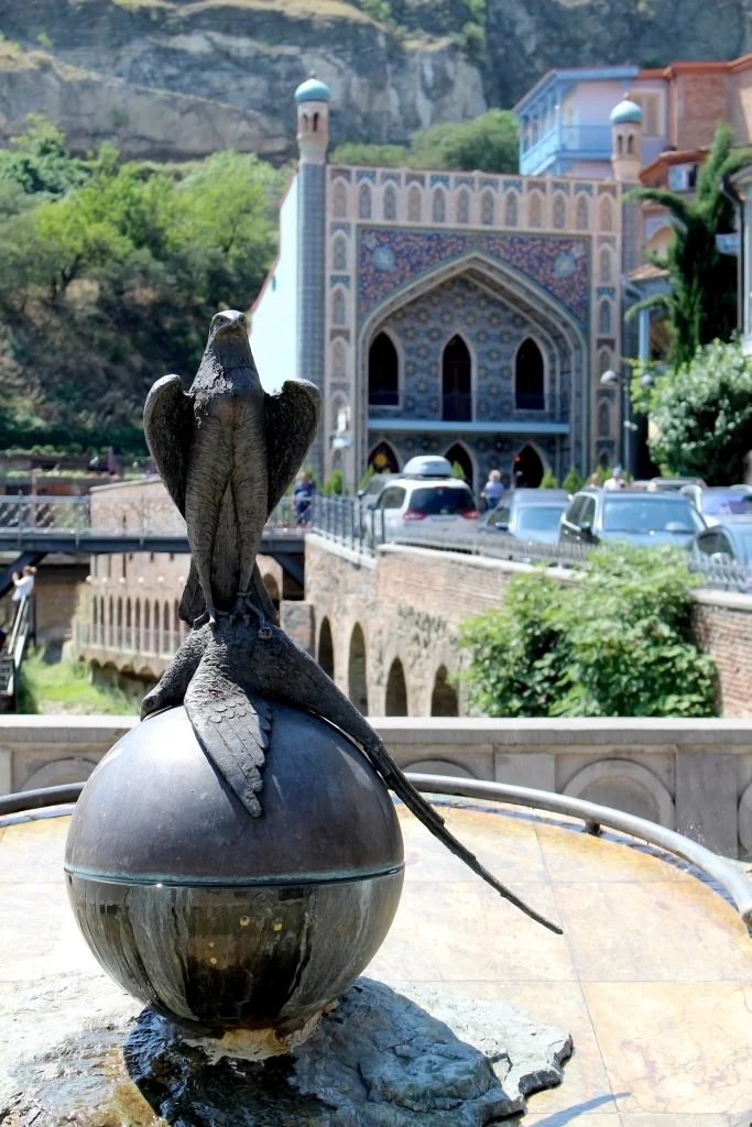 The ornate bathhouse facade in Tbilisi's historic Abanotubani quarter.