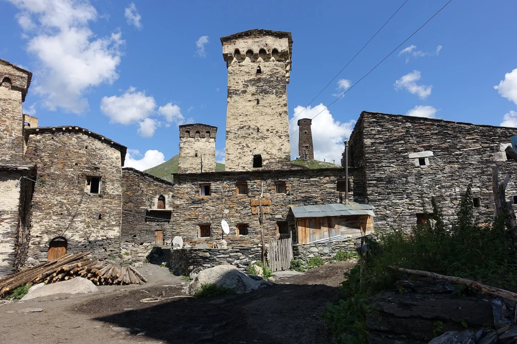 Traditional stone defensive towers in a Svaneti village, a highland region of Georgia.