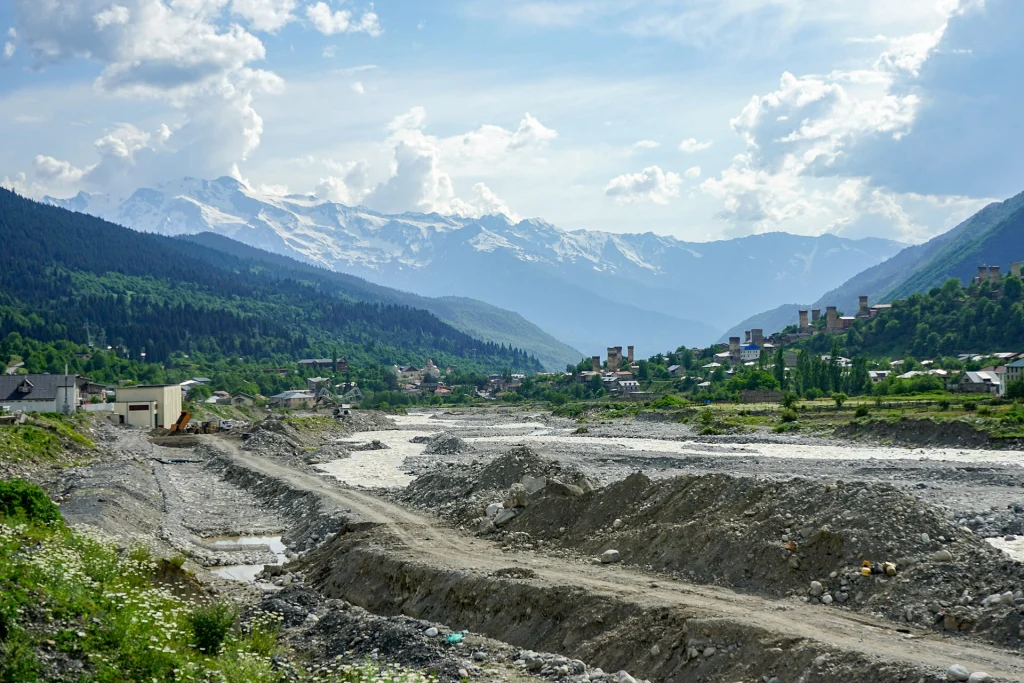 Snow-capped Svaneti mountain range seen from the town of Mestia.