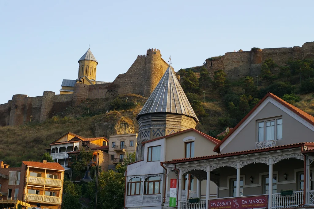 Old Tbilisi rooftops and Narikala fortress walls rising above the sulphur baths district.