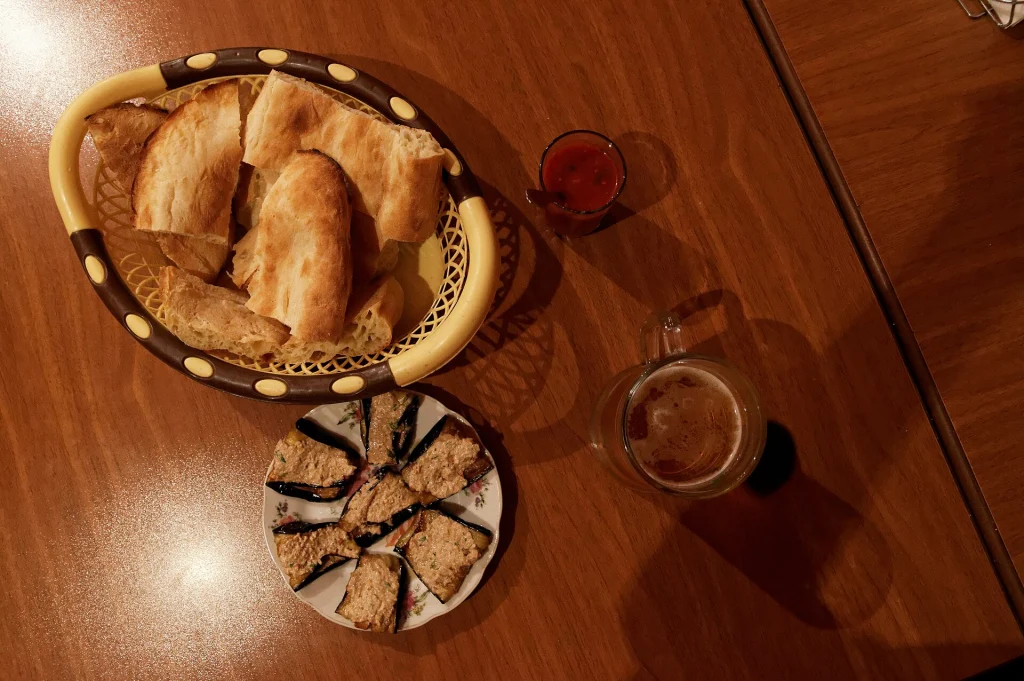 Traditional Georgian bread and eggplant dish served at a restaurant in Tbilisi.