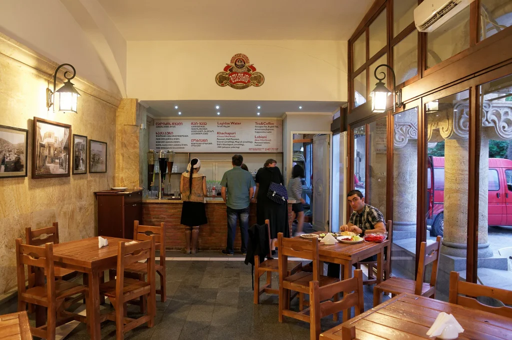The interior of Lagidze Waters, a historic Tbilisi café serving flavoured sodas and snacks.