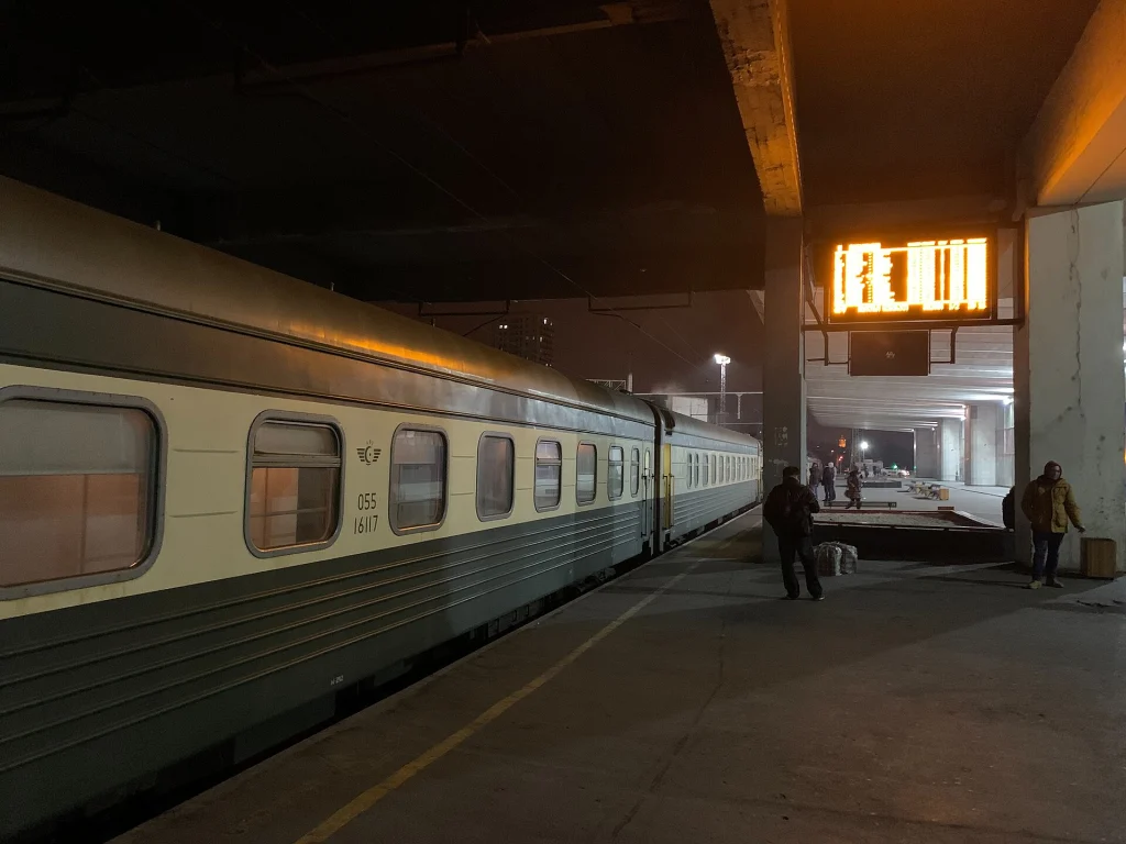 The overnight sleeper train waits at Tbilisi station before departing on the Zugdidi night route.