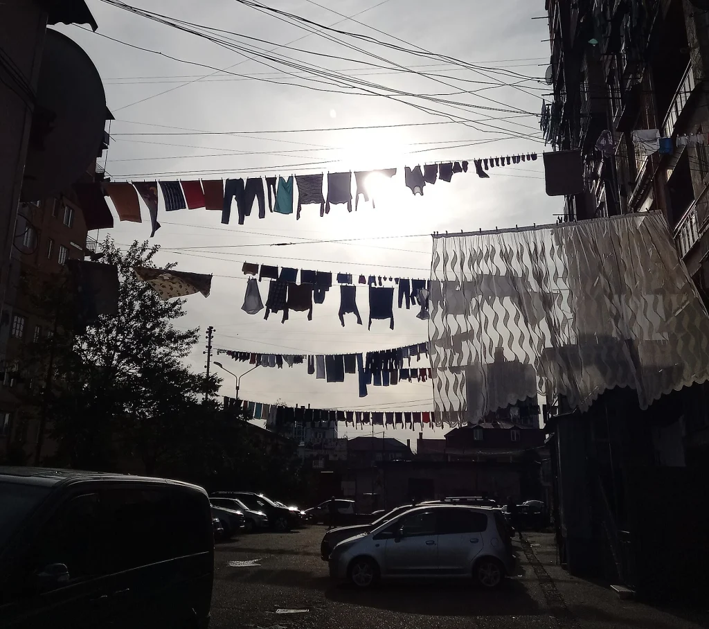Laundry hung to dry above a street in Batumi, Georgia.