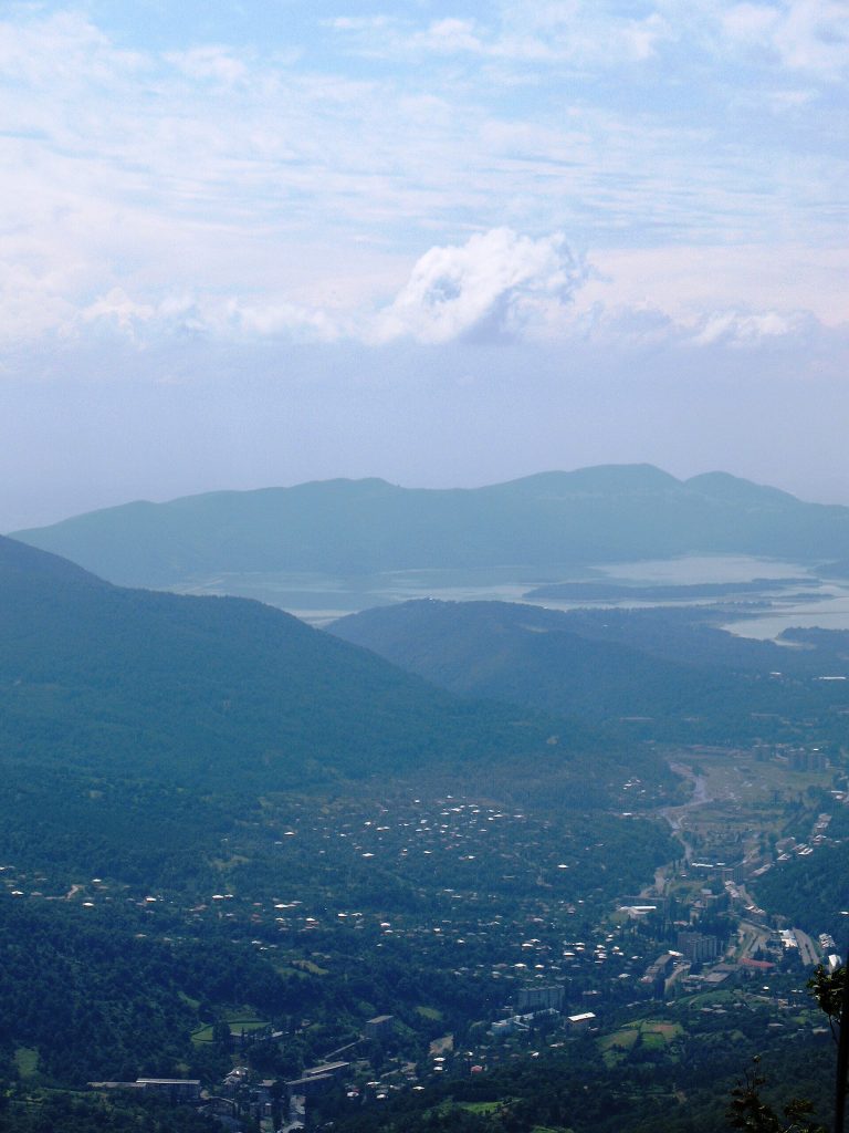 Tkibuli town and its reservoir seen from a nearby viewpoint.