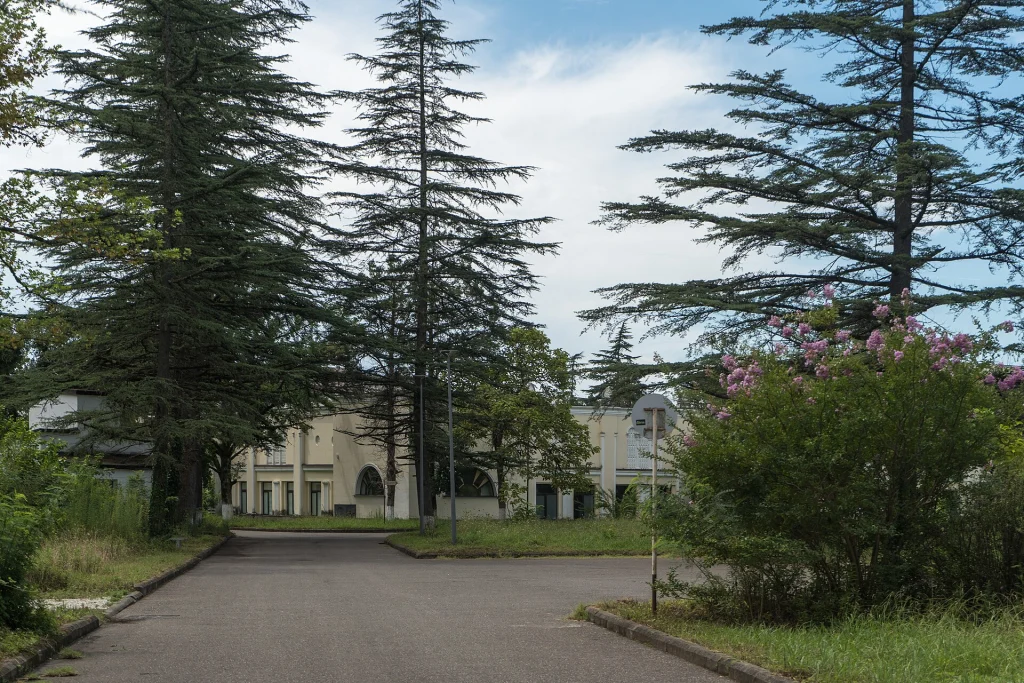 Tree-lined pathway leading to the spring water park pavilion in Tskaltubo.