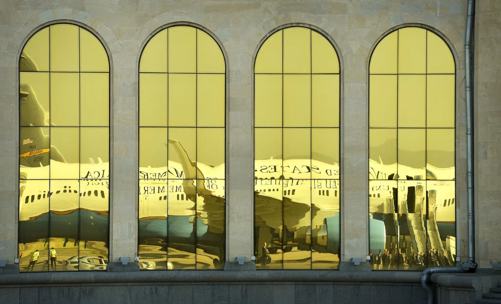 Aircraft reflected in the golden-glass facade of Tbilisi airport's terminal building.