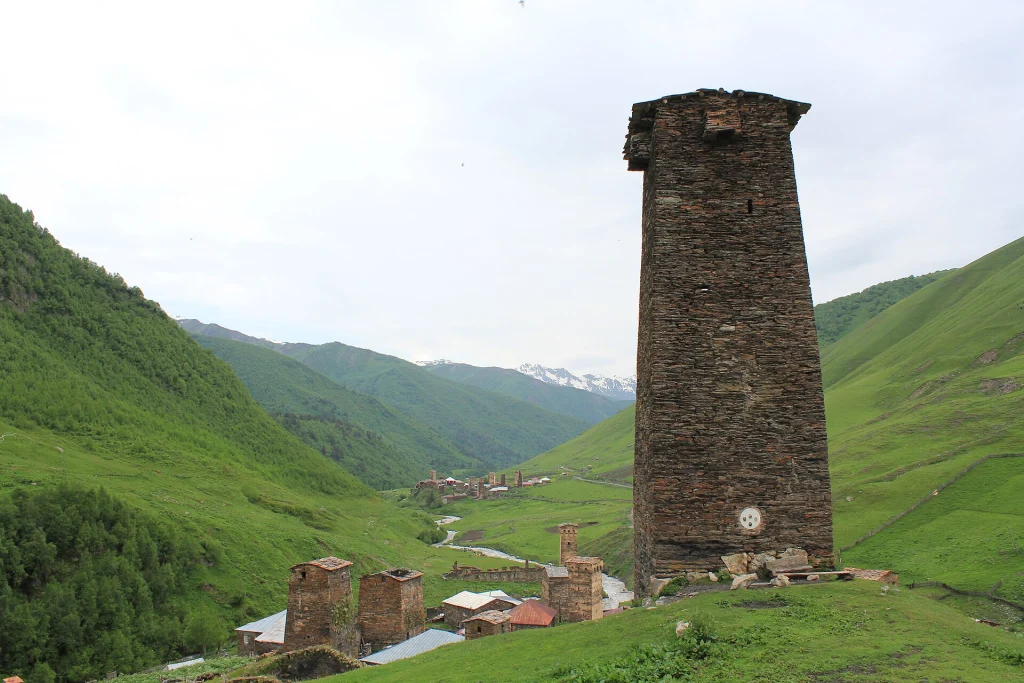 Medieval defensive tower in Ushguli, Svaneti, showcasing Georgia's dramatic highland architecture.