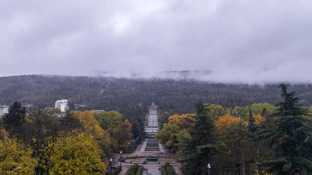 View of the Vake Park World War II memorial on the hill above Tbilisi.