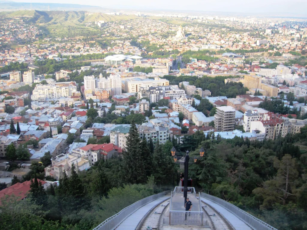 View over Tbilisi and the funicular cable car from Mount Mtatsminda.
