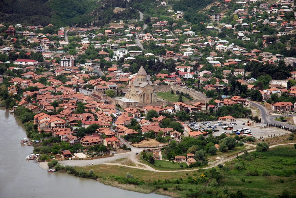 Aerial view of Mtskheta's old town and Svetitskhoveli Cathedral from Jvari hill.