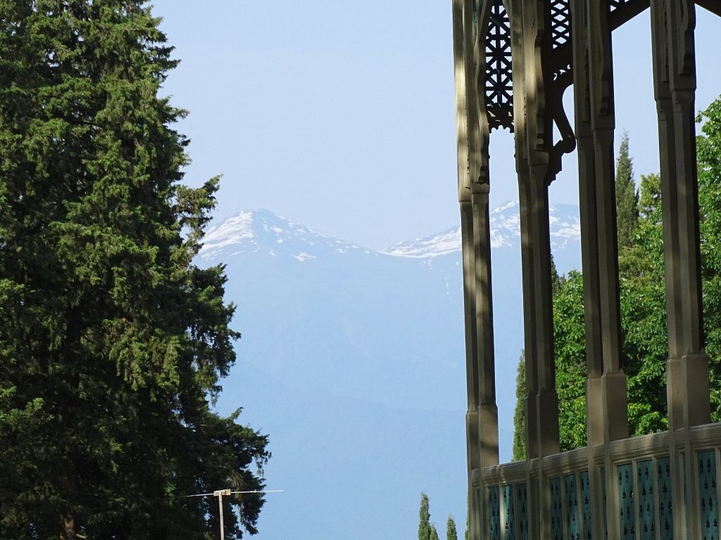 View of the Caucasus Mountains from the Tsinandali estate gardens.