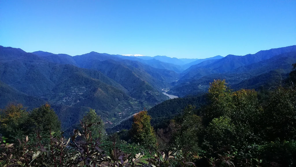 Panoramic view over the Machakhela valley and river from the surrounding mountains.