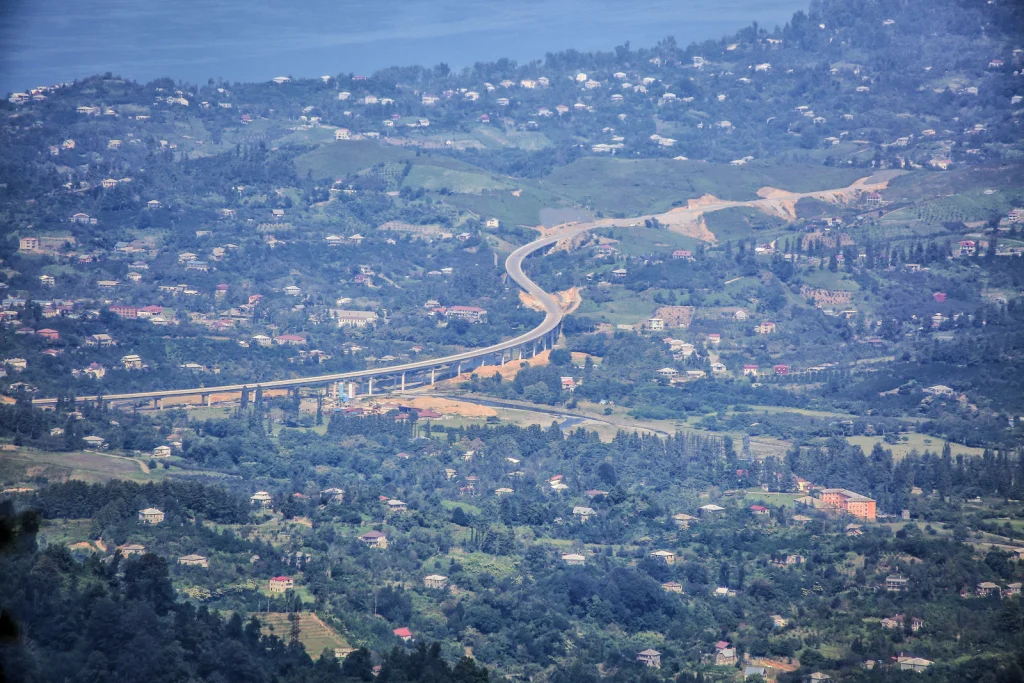 Aerial view of the Kobuleti Bypass highway and coastline near Chakvi on the way to Batumi.
