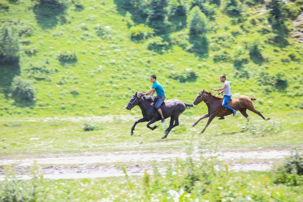 Horsemen gallop across a green meadow in Tusheti National Park.