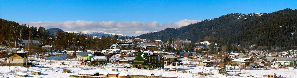 A snow-covered Bakuriani spreads across the valley beneath forested slopes, the other ski hub for a Georgian February.