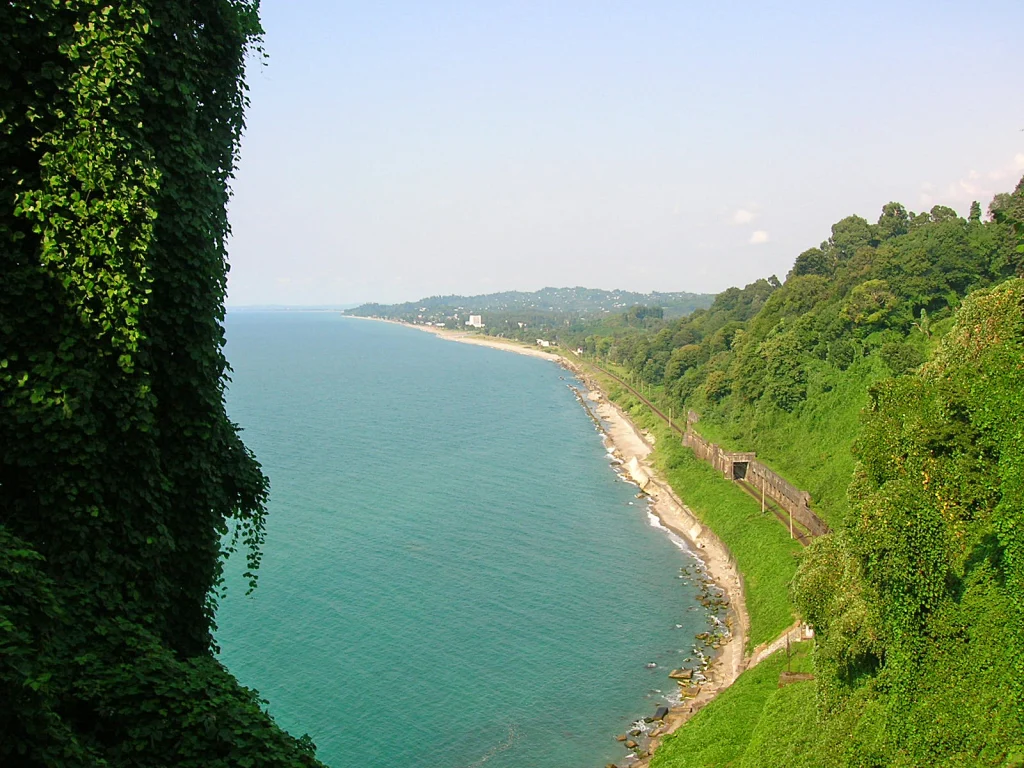 Panoramic view of the Black Sea coastline seen from Batumi Botanical Garden.