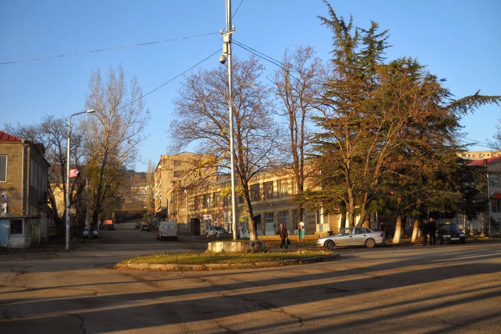 The quiet town centre of Tetritskaro, where locals gather for the Garisoba celebrations.