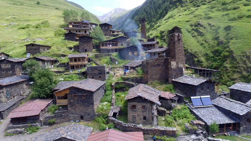 Traditional Tushetian stone houses and defensive towers nestled in a green valley near Dartlo.