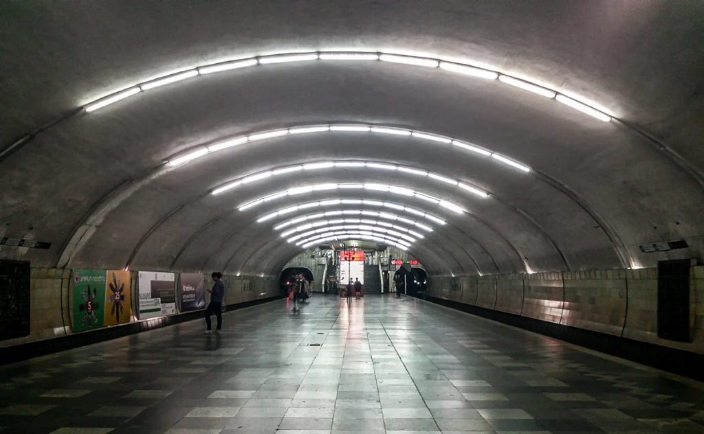 A train pulls into Delisi metro station, part of Tbilisi's Soviet-era underground network.