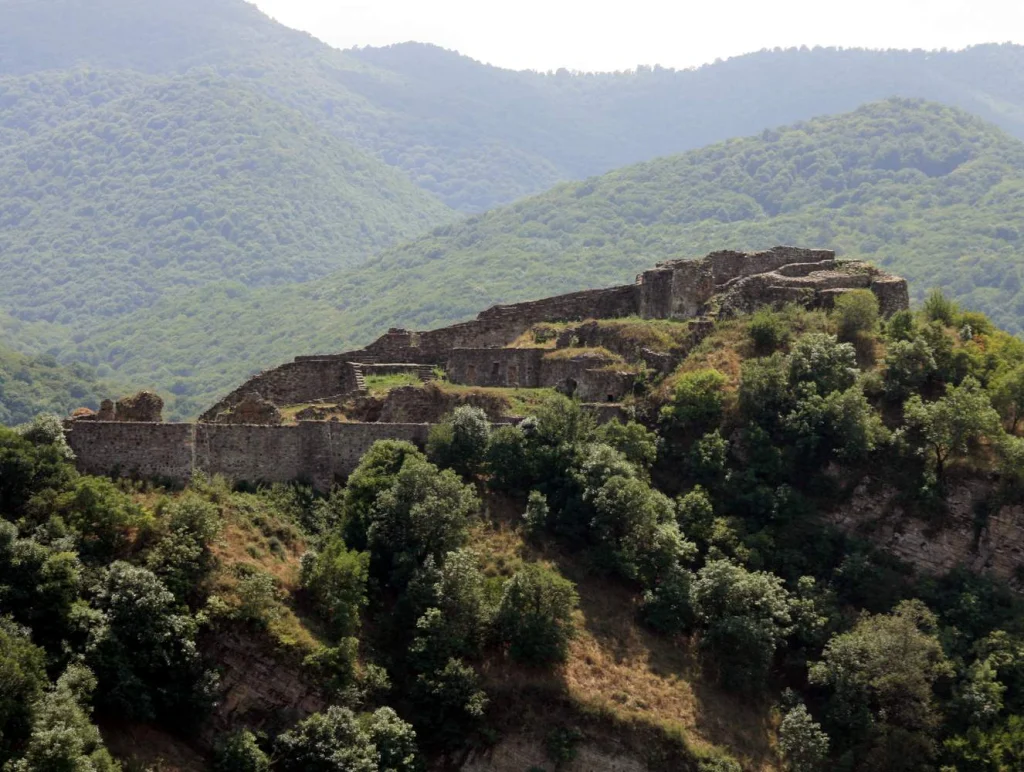 The medieval Dmanisi fortress overlooks the forested Kura river gorge.