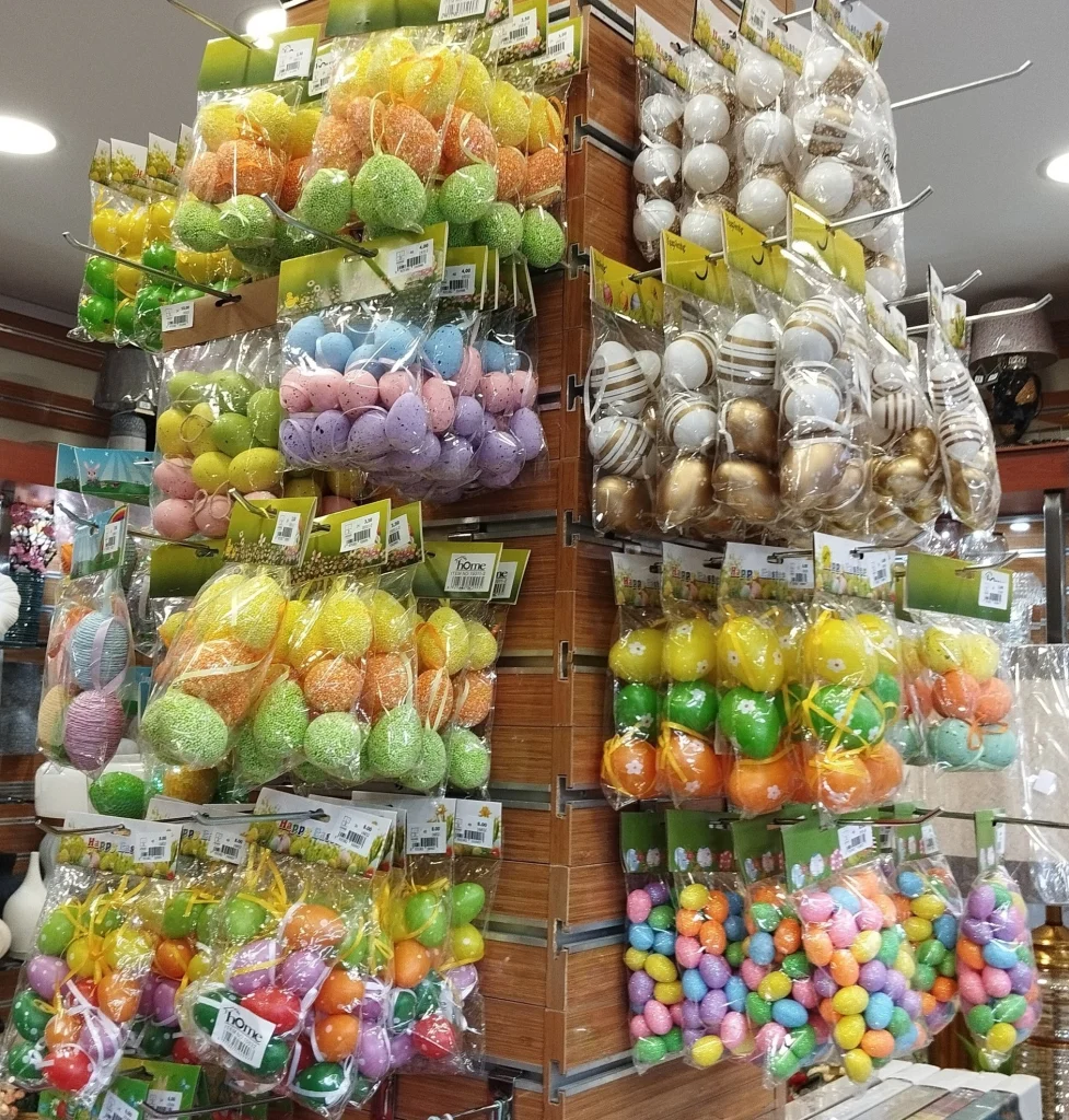 A shop display of colourful Easter egg decorations sold in Tbilisi before the Orthodox holiday.