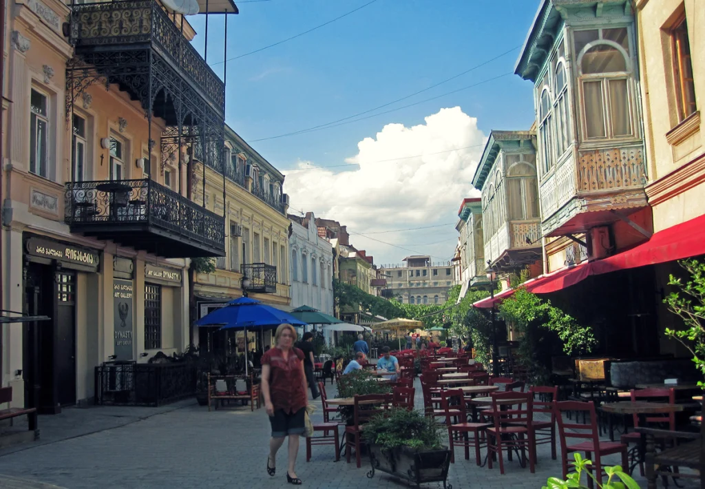 A pedestrian street in downtown Tbilisi lined with cafés, shops and restaurants open to the public.