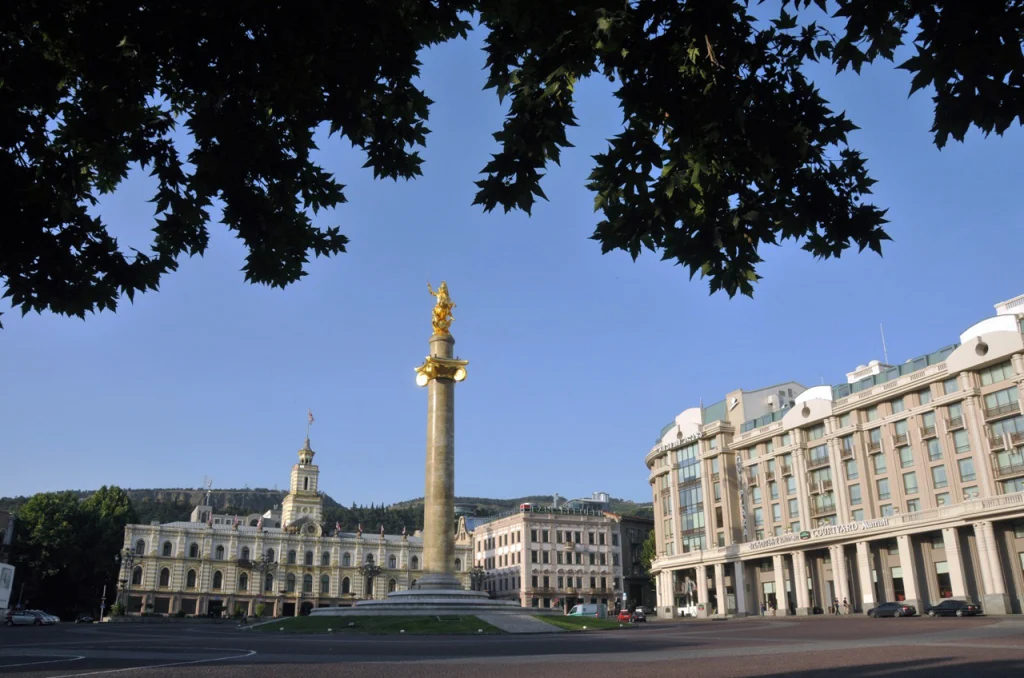 Freedom Square in Tbilisi, the capital's central landmark for visitors arriving from Lithuania.