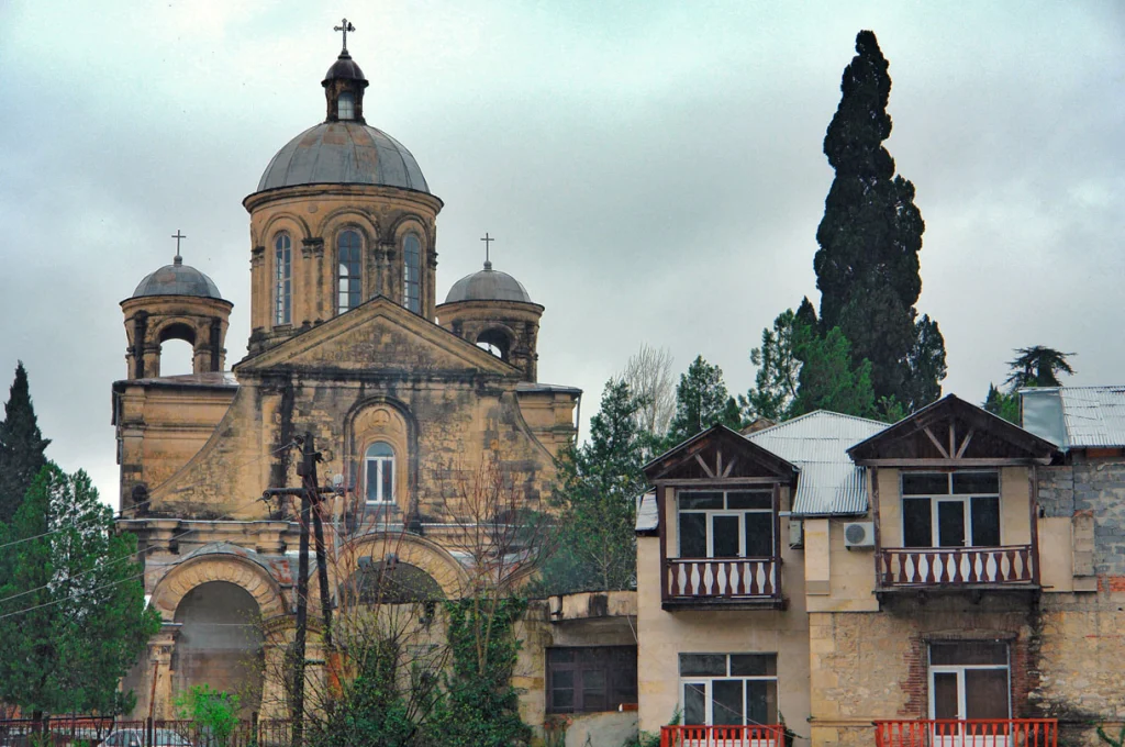 Historic church and old town buildings in Kutaisi, Georgia.
