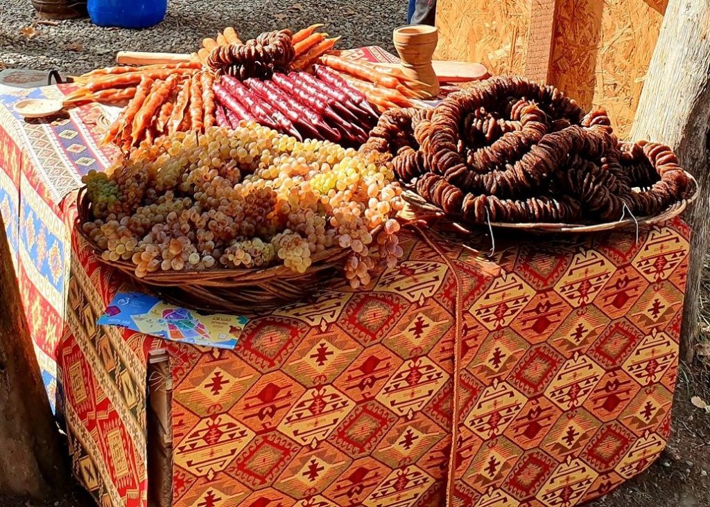 Grapes, dried fruits and churchkhela showcase Georgia's autumn harvest produce.