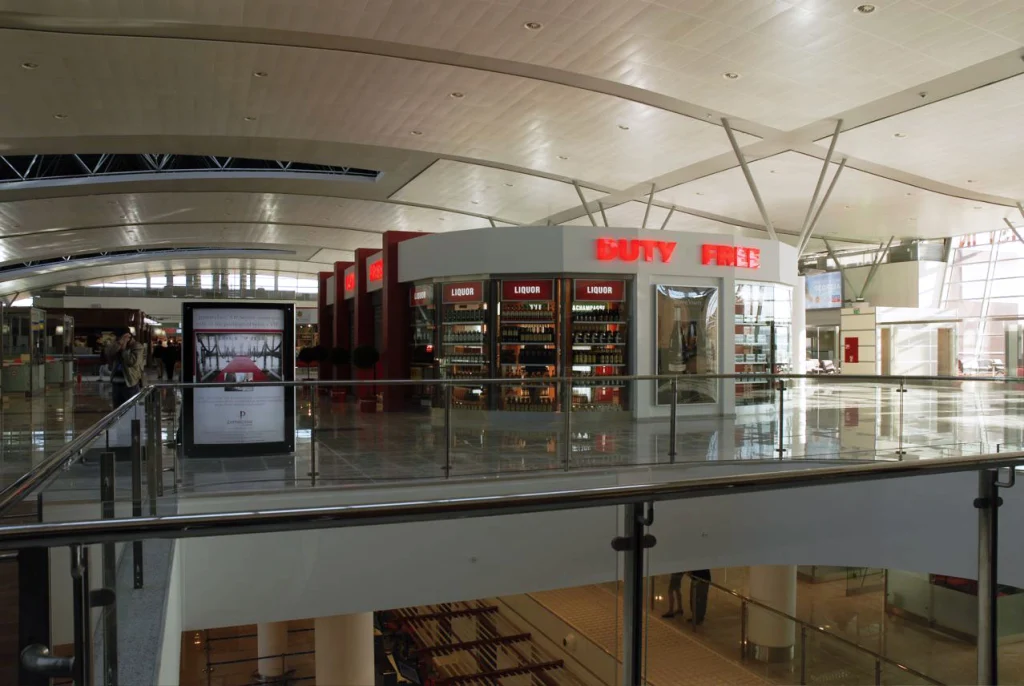 Duty-free shopping area inside Tbilisi International Airport's departure terminal.