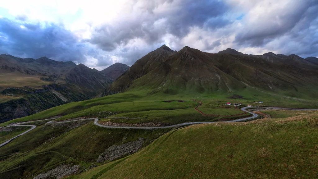 The winding road over Jvari Pass, the route's highest and most weather-exposed point.