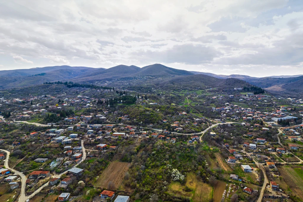 Aerial view of a Kakheti village with the Gombori mountain range in the background.