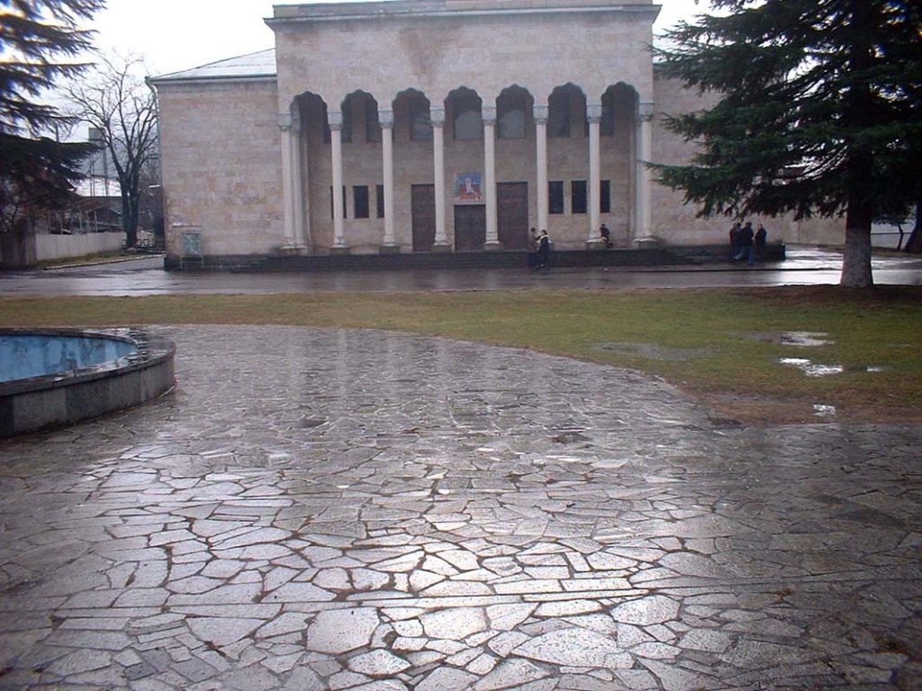 Lanchkhuti's columned theatre building, a landmark on the town's central square.