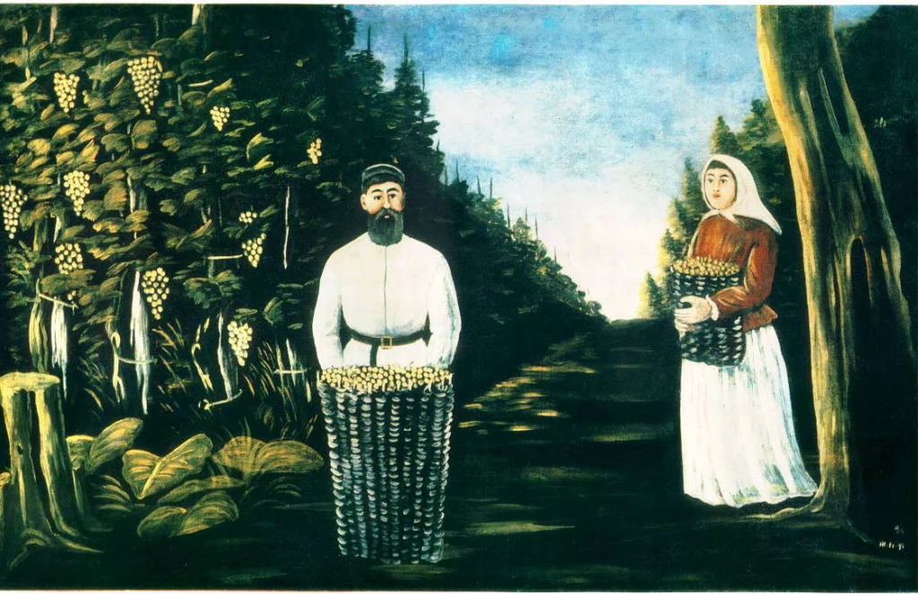 Картина Пиросмани, изображающая сборщиков винограда — отражение кахетинской традиции Ртвели.