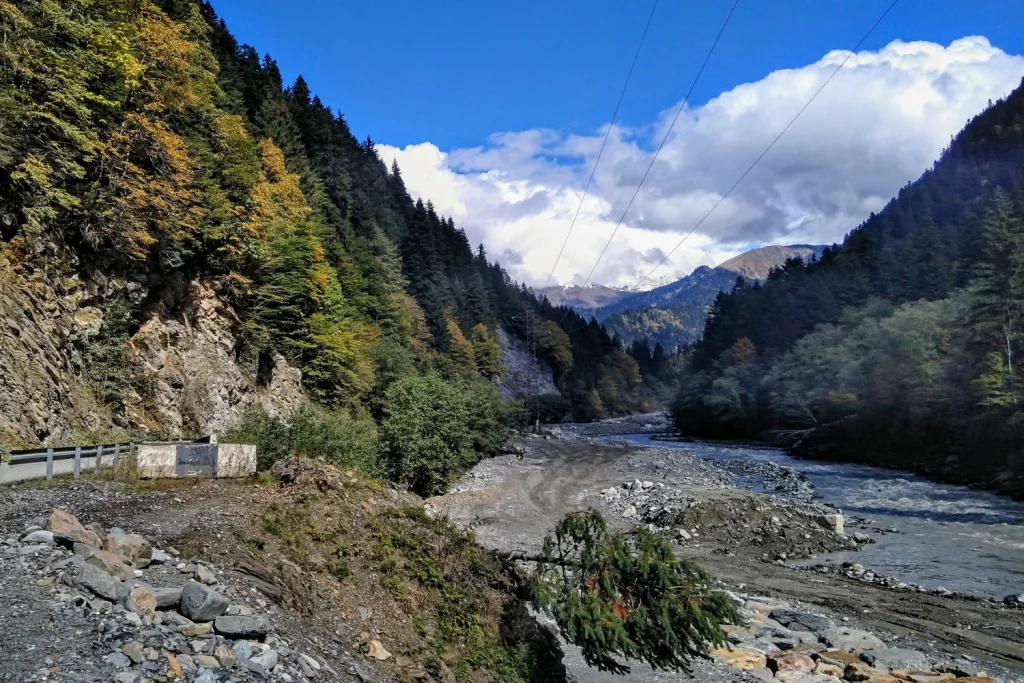 Rioni river gorge winding through forested mountains in Upper Racha near Ghebi.