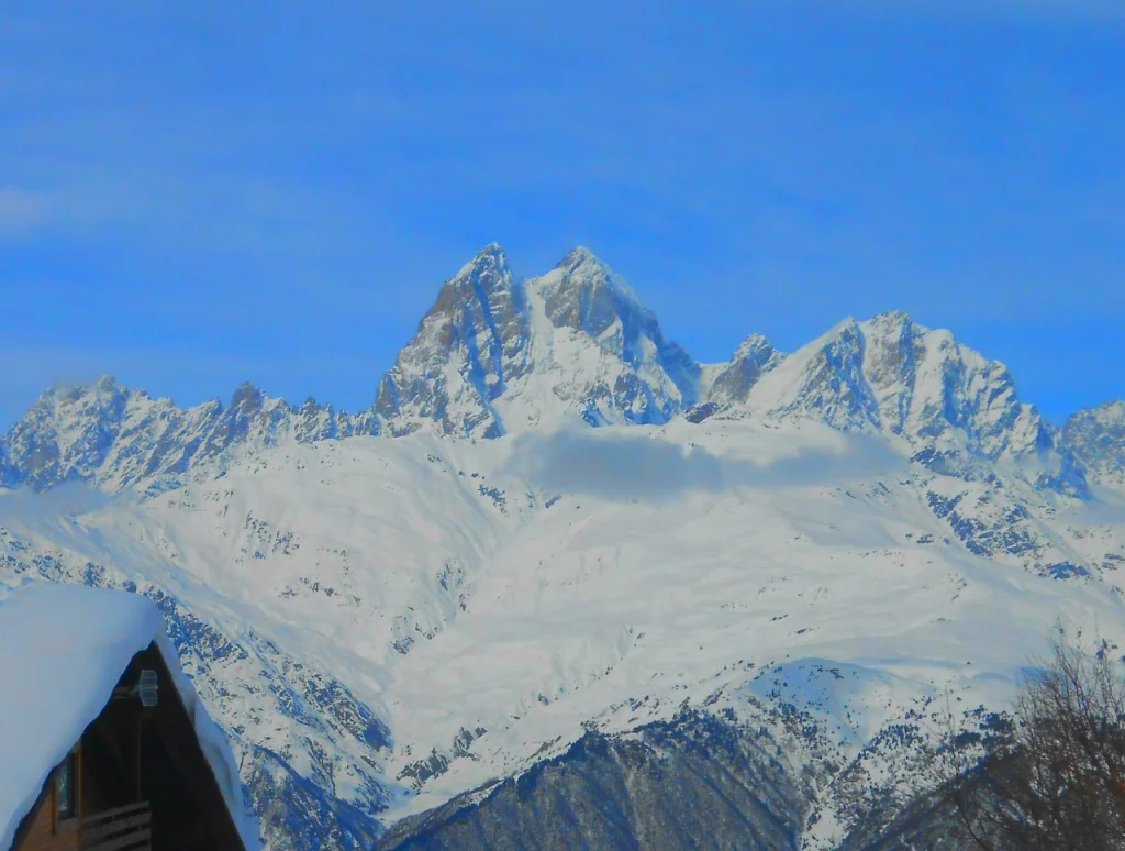 Snow-capped Svaneti mountains seen from Mestia, Georgia.