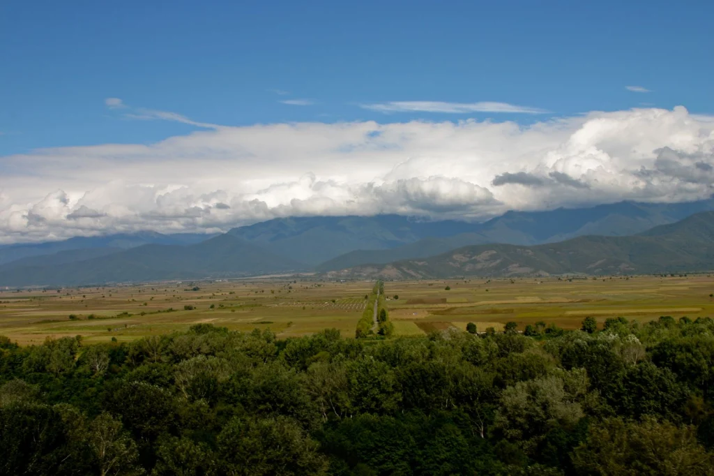 The Alazani Valley's mountains and fields typify the Georgian countryside visitors may explore.