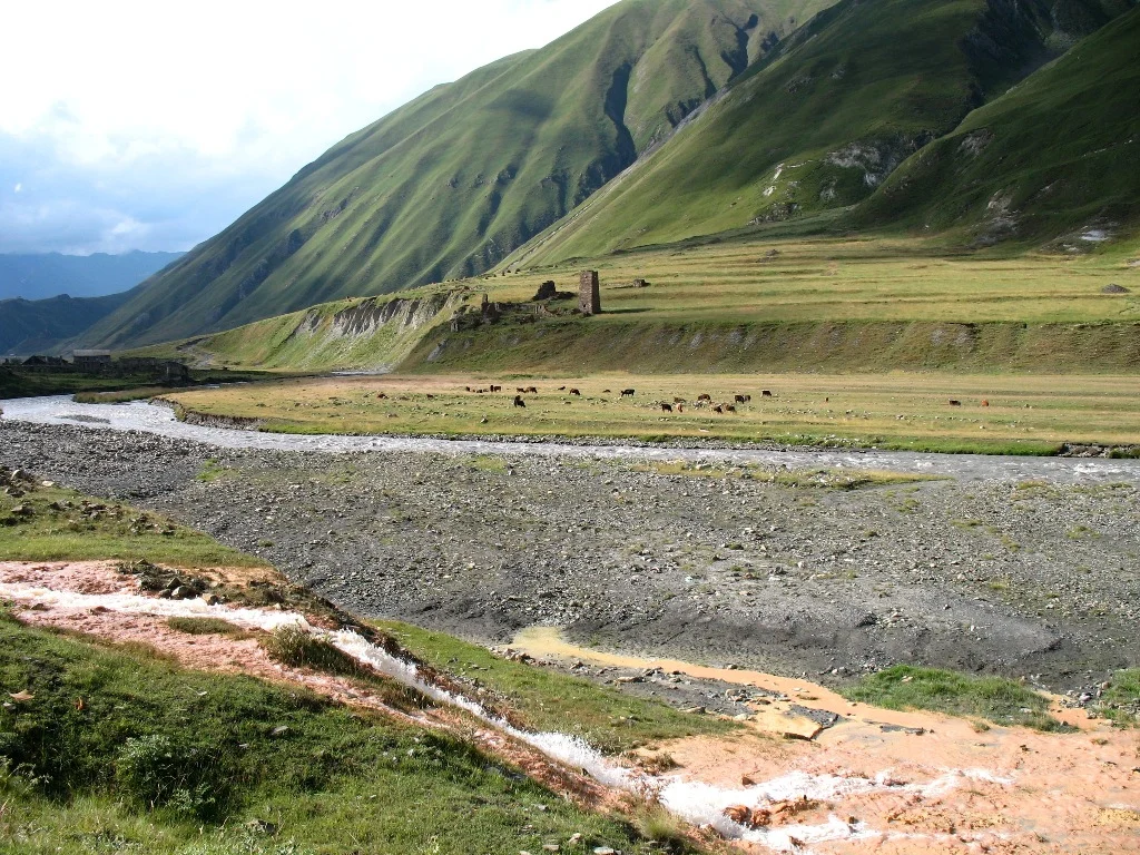 The Terek river winds through Truso Valley past old watchtower ruins and grazing animals.